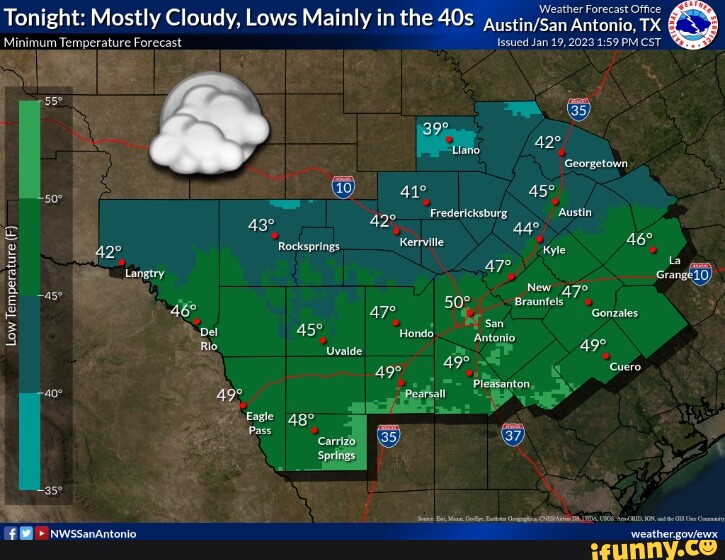 Tonight Mostly Cloudy, Lows Mainly in the 405 uctin, Minimum