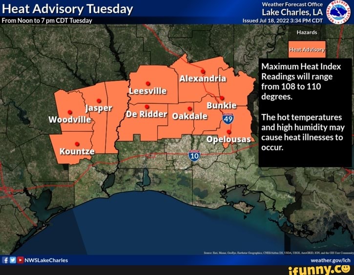 Heat Advisory Tuesday Lake Charles, LA ES From Noon to 7 pm CDT Tuesday ...