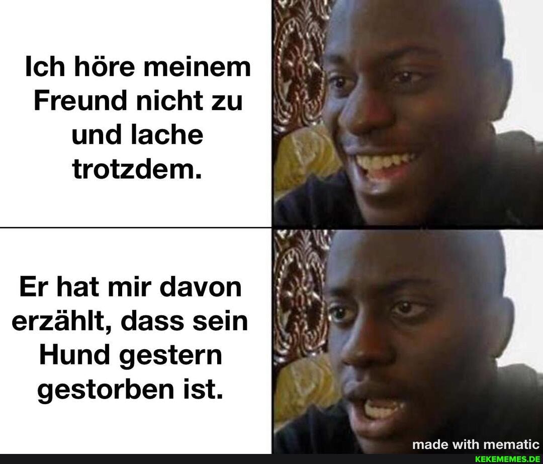Ich höre meinem
Freund nicht zu und lache trotzdem.
Er hat mir davon erzählt, dass sein
Hund gestern gestorben ist.
