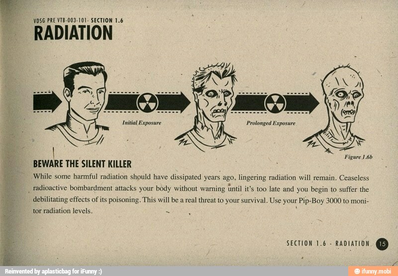 RADIATION
Figure 1.60
BEWARE THE SILENT KILLER
While some harmful radiation should have di ipated years ago, lingering radiation will remain. Ceaseless
radioactive bombardment attacks your body without warning úntil
it's too late and u begin to suffer the
debilitating effects of its poisoning. This will be a real threat to your survival. Use your Pip-Boy 3000 to moni-
tor radiation levels. iy
SECTION 1.6
RADIATION