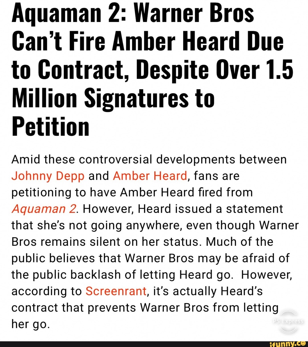 Aquaman 2 Warner Bros Can't Fire Amber Heard Due to Contract, Despite