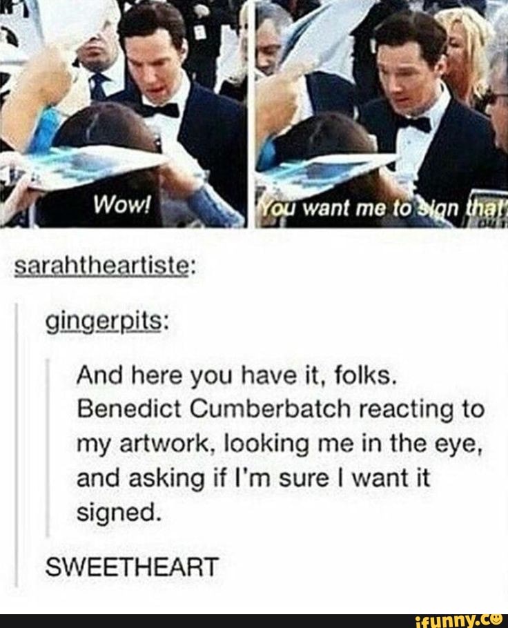 And here you have it, folks.
Benedict Cumberbatch reacting to
my artwork, looking me in the eye,
and asking if I'm sure I want it
signed.
SWEETHEART