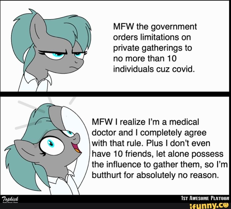 MFW the government orders limitations on private gatherings to no more than 10 individuals cuz covid.
MEW realize I'm a medical
doctor and I completely agree
with that rule. Plus I don't even have 10 friends, let alone possess the influence to gather them, so I'm butthurt for absolutely no reason.
Ist Awesome PLATOON
