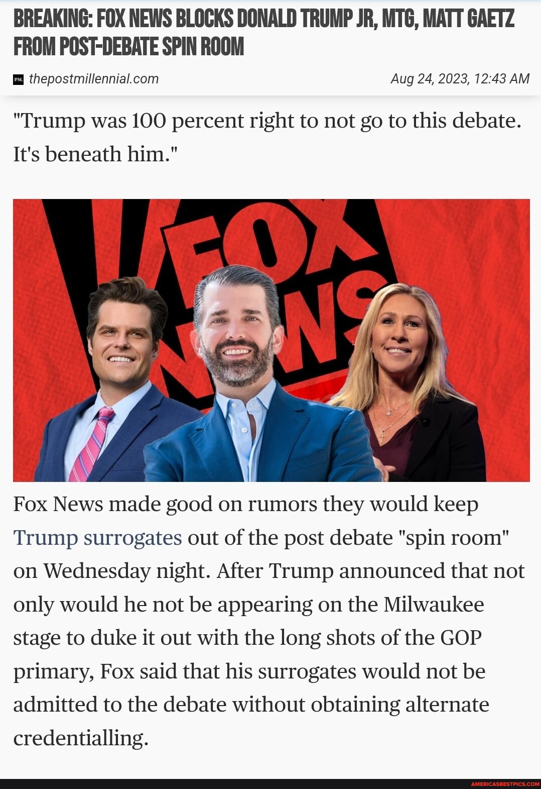 BREAKING: FOX NEWS BLOCKS DONALD TRUMP JR, MATT GAETZ FROM POST-DEBATE ...