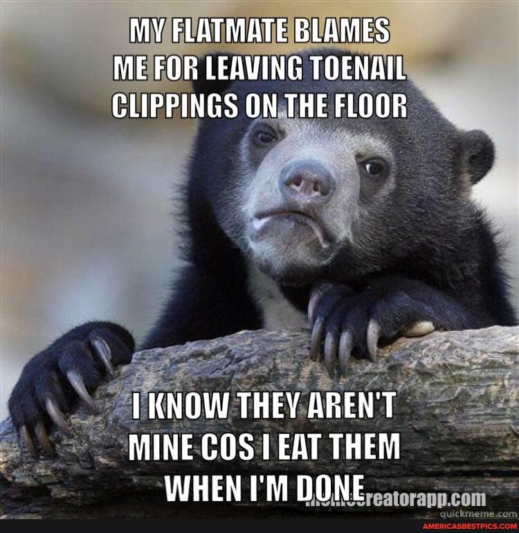 MY FLATMATE BLAMES ME FOR LEAVING TOENAIL CLIPPINGS ON THE FLOOR
KNOW THEY AREN'T MINE COS EAT THEM WHEN I'M DONE