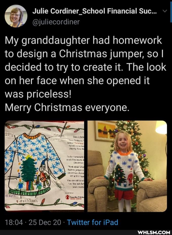 My granddaughter had homework to design a Christmas jumper, so I decided to try to create it. The look on her face when she opened it was priceless!
Merry Christmas everyone.
J204 25 Dec 20 Twitter for iPad