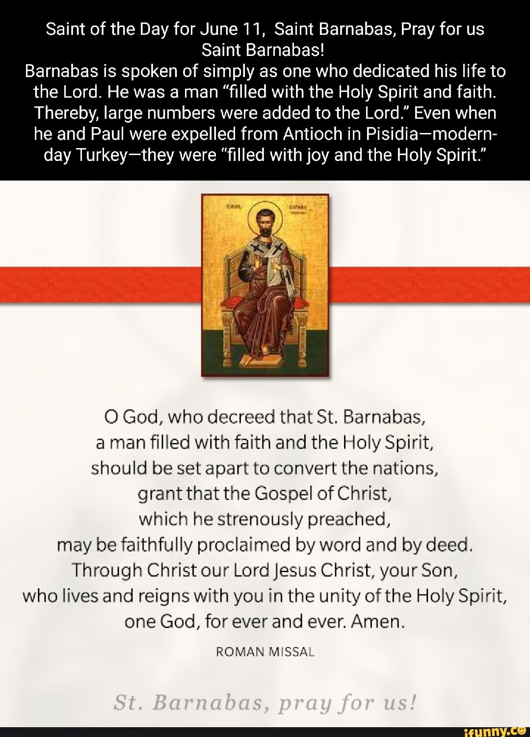 Saint of the Day for June 11, Saint Barnabas, Pray for us Saint