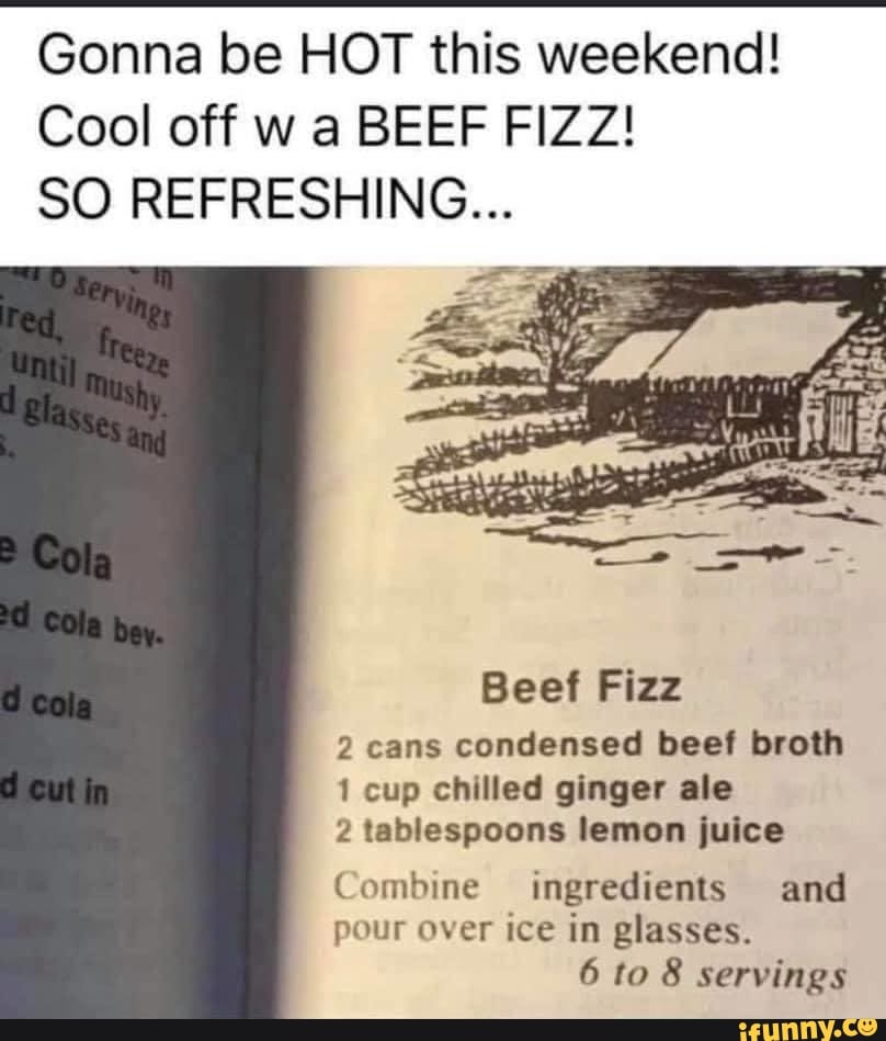 Gonna be HOT this weekend!
Cool off w a BEEF FIZZ!
SO REFRESHING...
Beef Fizz
2 cans condensed beef broth
1 cup chilled ginger ale
2 tablespoons lemon juice
6 to 8 servings