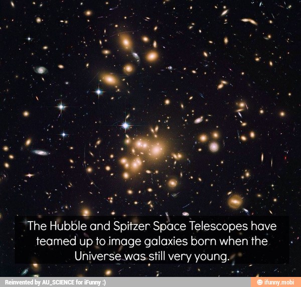 ee Sip age
SS
The Hubble and Spitzer Space Telescopes have
teamed up to. image galaxies born when the
Universe was still very young.