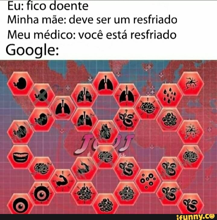 fico coente
Minha mãe: deve ser um resfriado
Meu médico: você está resfriado
Google: