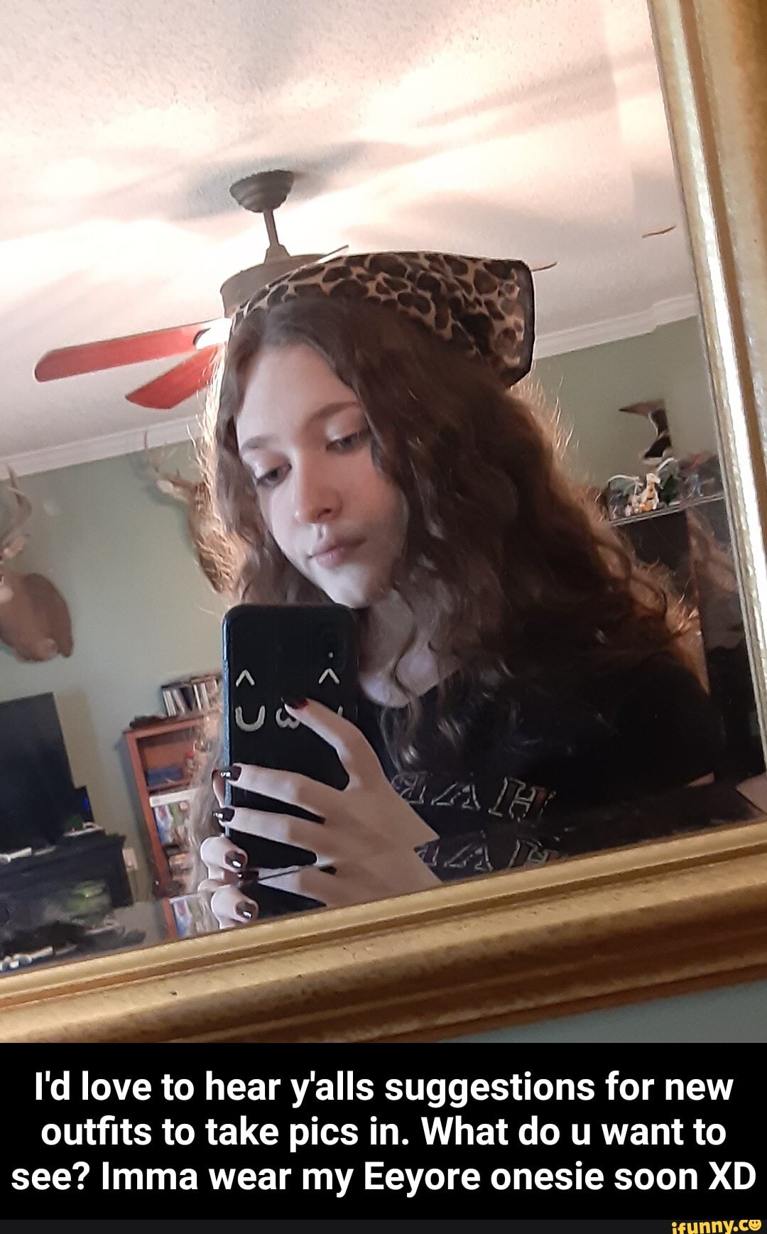 I'd love to hear y'alls suggestions for new outfits to take pics in. What do u want to see? Imma wear my Eeyore onesie soon XD - I'd love to hear y'alls suggestions for new outfits to take pics in. What do u want to see? Imma wear my Eeyore onesie soon XD