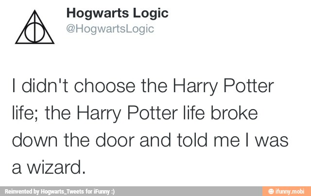 Hogwarts Logic Ad @HogwartsLogic
I didn't choose the Harry Potter
life; the Harry Potter life broke
down the door and told me I was
a wizard.