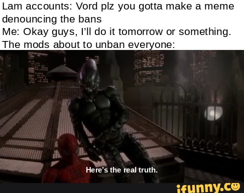 Lam accounts: Vord plz you gotta make a meme denouncing the bans Me