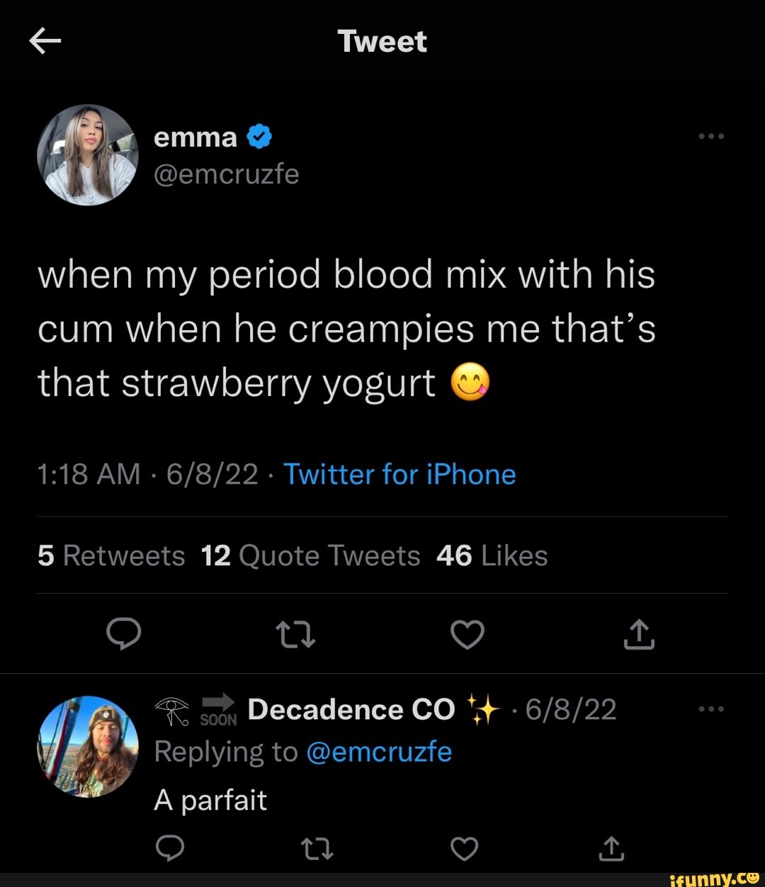 Tweet emma @emcruzfe when my period blood mix with his cum when he ...