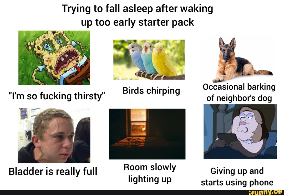Trying to fall asleep after waking up too early starter pack
Occasional barking of neighbor's dog
"I'm so fucking thirsty"
Room slowly Giving up and
lighting up starts using phone
Bladder is really full