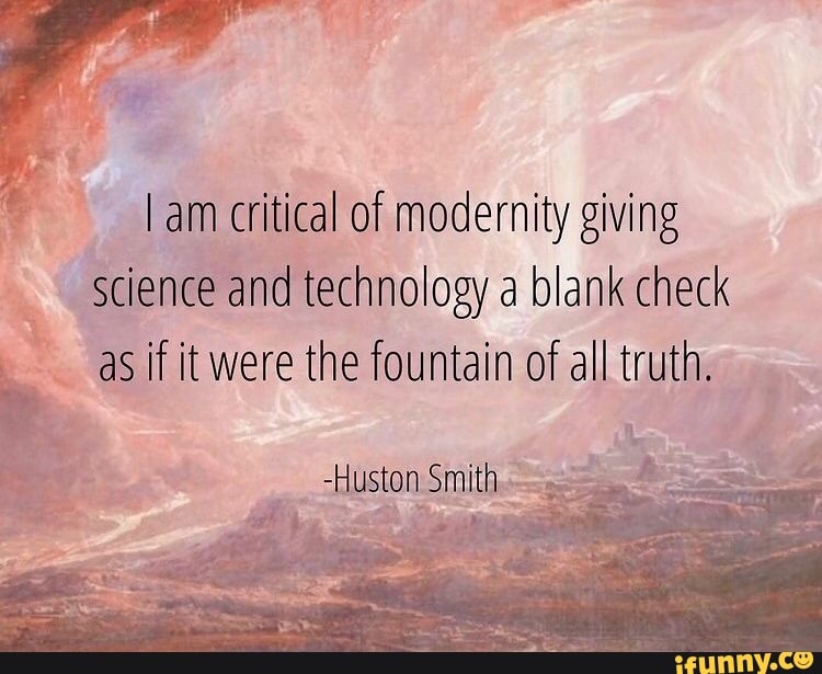 I am critical of modernity giving science and technology a blank check as if it were the fountain of all truth.
-Huston