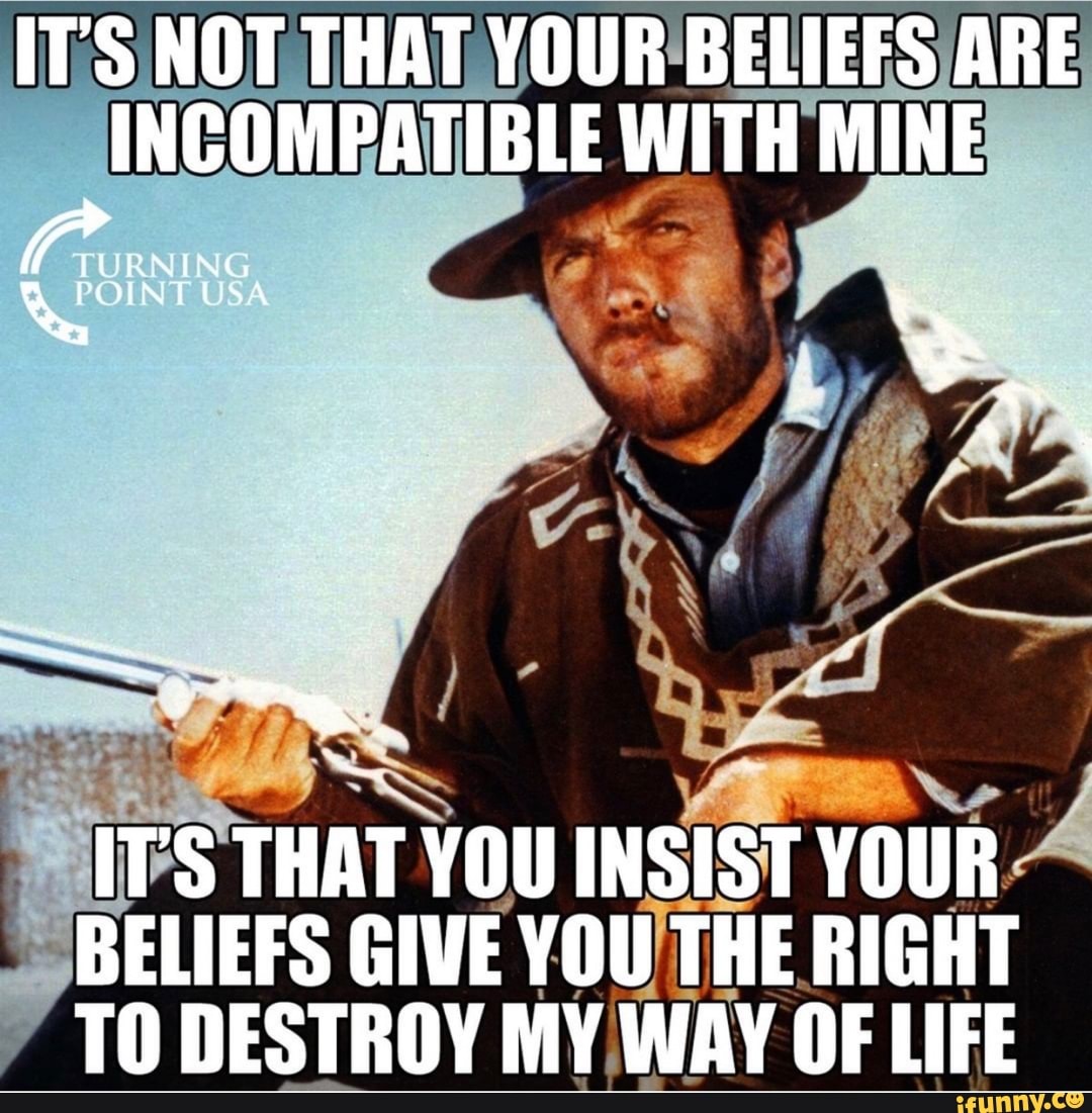 IT'S NOT THAT YOUR BELIEFS ARE INCOMPATIBLE WITH MINE er I
ITS THAT YOU INSIST YOUR BELIEFS GIVE YOU THE RIGHT TO DESTROY MY WAY OF LIFE