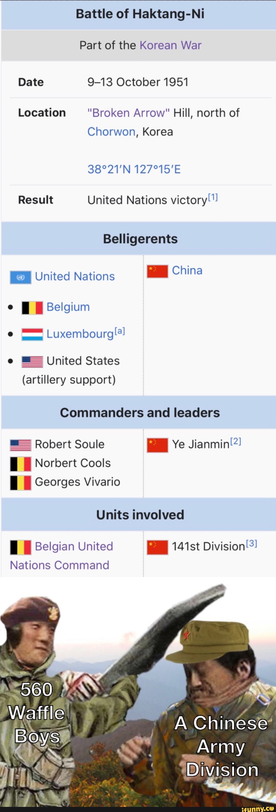 Battle of Haktang-Ni
Date 9-13 October 1951
Location "Broken Arrow" Hill, north of
Chorwon, Korea
Result United Nations victory!!!
Belligerents
ER United Nations
HN China
E United States
(artillery support)
Commanders and leaders
= Robert Soule WM Ye Jianmin'!
E E Norbert Cools
E E Georges Vivario
Units involved
Al Ml Belgian United E 141st Division!
