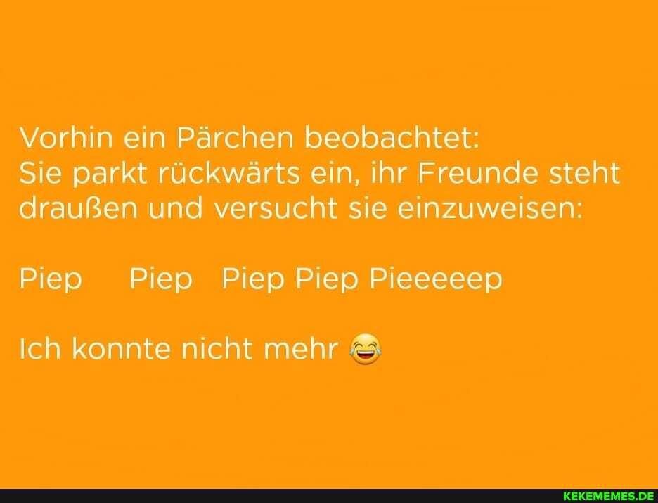 Vorhin ein Pärchen beobachtet:
Sie parkt rückwärts ein, ihr Freunde steht draußen und versucht sie einzuweisen:
Piep Piep Piep Piep Pieeeeep
Ich konnte nicht mehr