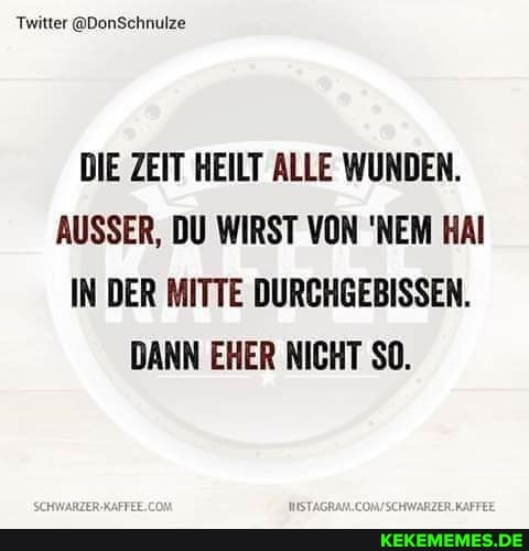 Twitter @DonSchnulze
DIE ZEIT HEILT ALLE WUNDEN.
AUSSER, DU WIRST VON 'NEM HAI IN DER MITTE DURCHGEBISSEN.
DANN EHER NICHT SO.