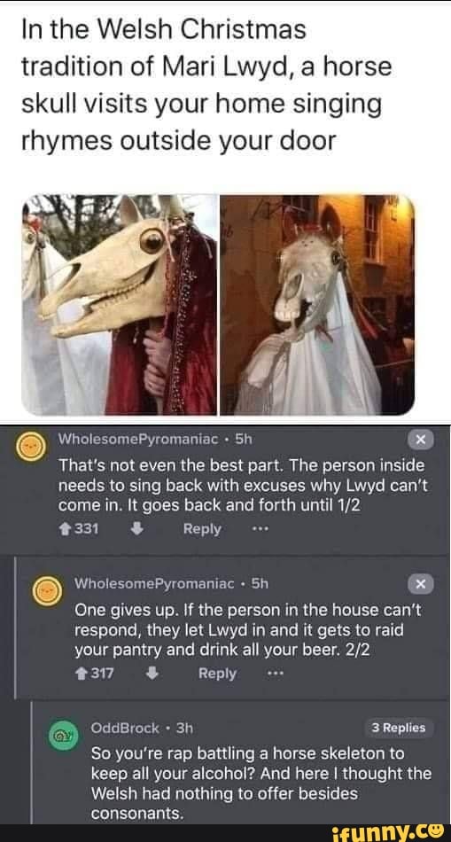 In the Welsh Christmas
tradition of Mari Lwyd, a horse
skull visits your home singing
rhymes outside your door
That's not even the best part. The person inside
needs to sing back with excuses why Lwyd can't
come in. It goes back and forth until 1/2
4331 3 Reply
One gives up. If the person in the house can't
respond, they let Lwyd in and it gets to raid
your pantry and drink all your beer. 2/2
3h 3 Replies
So you're rap battling a horse skeleton to
keep all your alcohol? And here I thought the
Welsh had nothing to offer besides