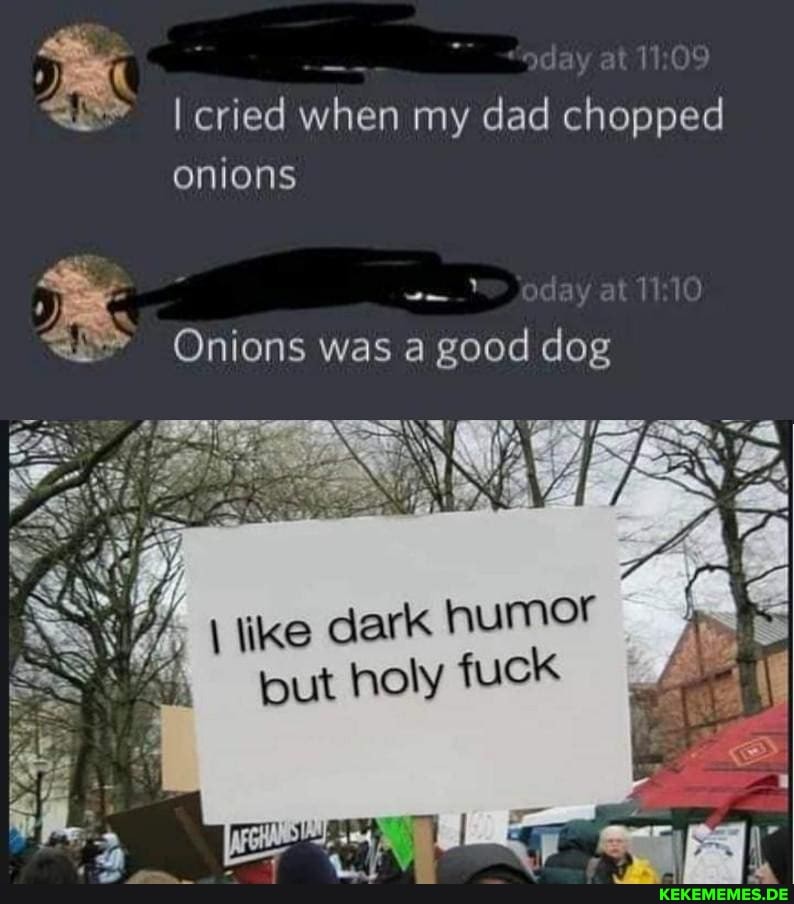 I cried when my dad chopped onions
day at
Onions was a good dog
\ like dark humor
but holy fuck
