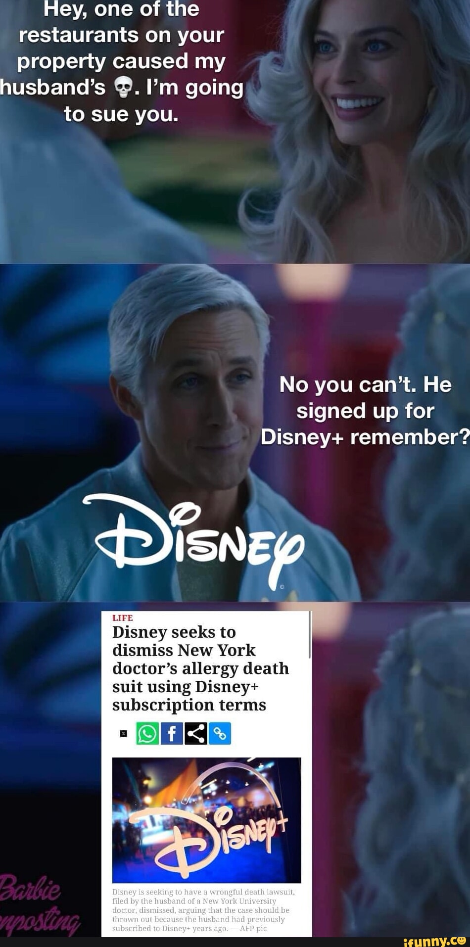 Hey, one of the restaurants on your property caused my husband's I'm going to sue you. No you can't. He signed up for Disney+ remember? LIFE Disney seeks to dismiss New York doctor's allergy death suit using Disney+ subscription terms is to by che huchand of New