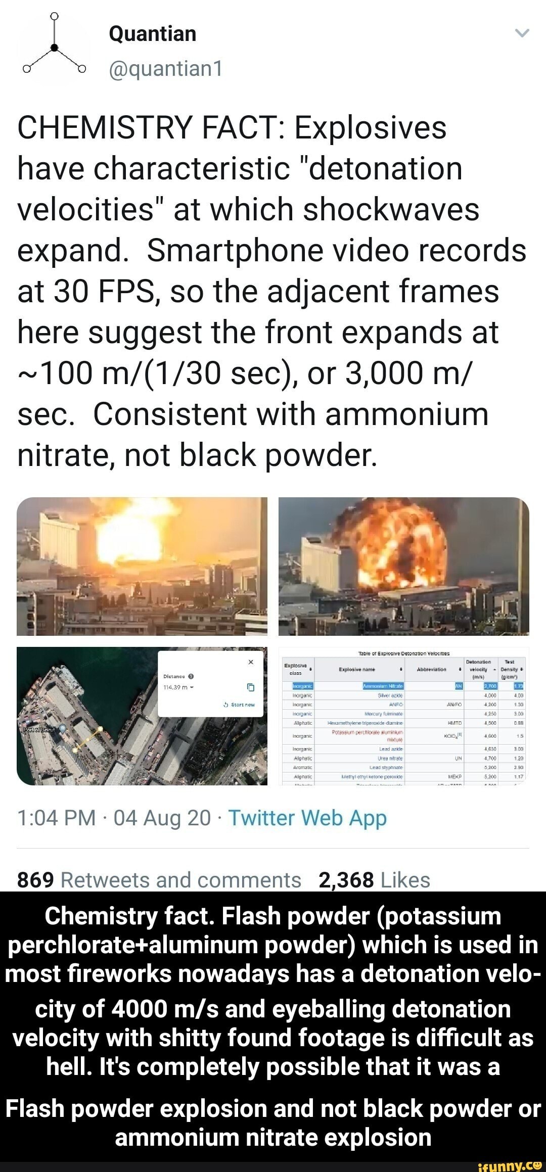 A Quantian
CHEMISTRY FACT: Explosives
have characteristic "detonation
velocities" at which shockwaves
expand. Smartphone video records
at 30 FPS, so the adjacent frames
here suggest the front expands at
sec. Consistent with ammonium
nitrate, not black powder.
Twitter Web App
869 Retweets and comments 2,368 Likes
Chemistry fact. Flash powder (potassium
perchlorate+aluminum powder) which is used in
most fireworks nowadays has a detonation velo-
city of 4000 m/s and eyeballing detonation
velocity with shitty found footage is difficult as
hell. It's completely possible that it was a - Flash powder explosion and not black powder or ammonium nitrate explosion
