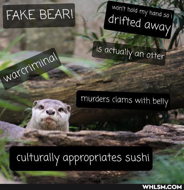 EAR Hold my hand I FAKE B drifted away
Is actualty an otter
Murders clais with beny
culturally appropriates sushi