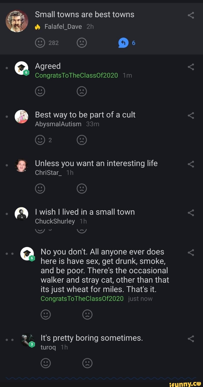 Q
Small towns are best towns
W Falafel_Dave 2h
Agreed
A
Best way to be part of a cult
Unless you want an interesting life
I wish
I
lived in a small town
No you don't. All anyone ever does
here is have sex, get drunk, smoke,
and be poor. There's the occasional
walker and stray cat, other than that
its just wheat for miles. That's it.
It's pretty boring sometimes. Ro