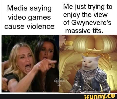 Media saying Mg just trying to
video games
enjoy the View
cause violence
of Gwynevere's
massive tits.