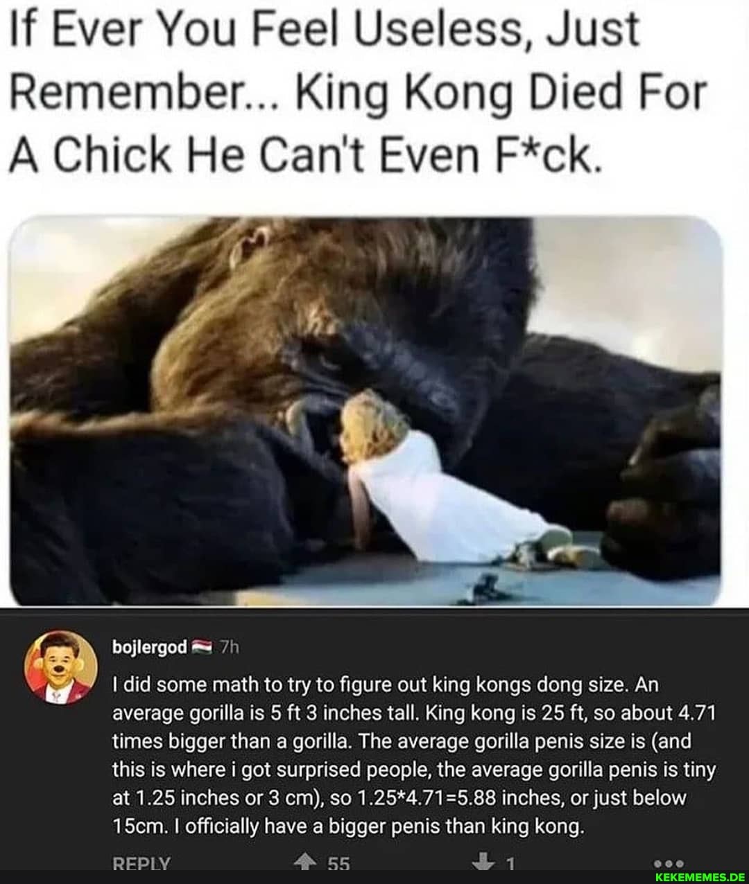 If Ever You Feel Useless, Just
Remember... King Kong Died For
A Chick He Can't Even F*ck.
bojlergod
I did some math to try to figure out king kongs dong size. An average gorilla is 5 ft 3 inches tall. King kong is 25 ft, so about 4.71 times bigger than a gorilla. The average gorilla penis size is (and this is where i got surprised people, the average gorilla penis is tiny at 1.25 inches or 3 cm), so inches, or just below
15cm. I officially have a bigger penis than king kong.