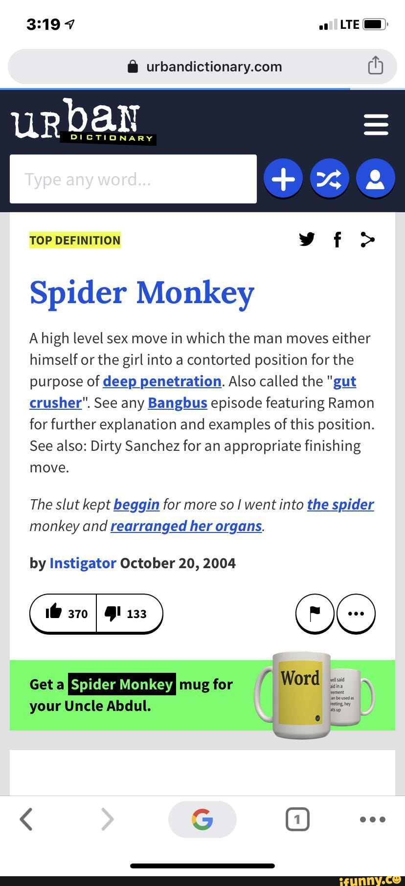 Urbandictionary.com ch Spider Monkey A high level sex move in which the man  moves either