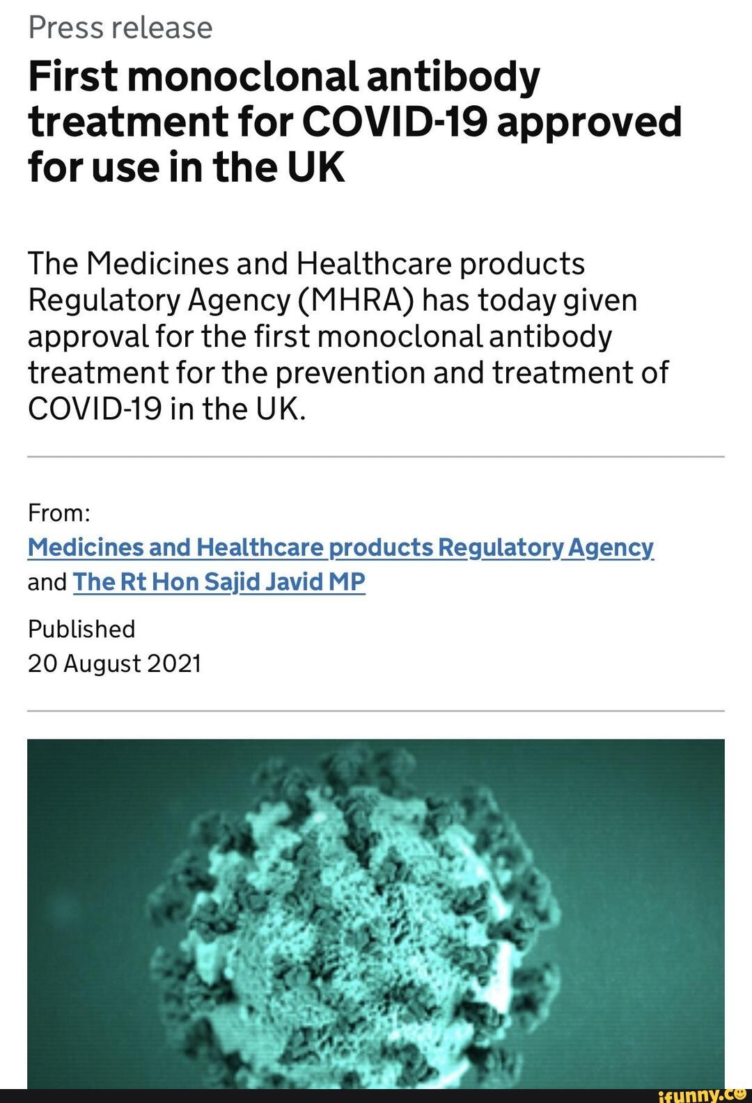 Press Release First Monoclonal Antibody Treatment For COVID-19 Approved ...