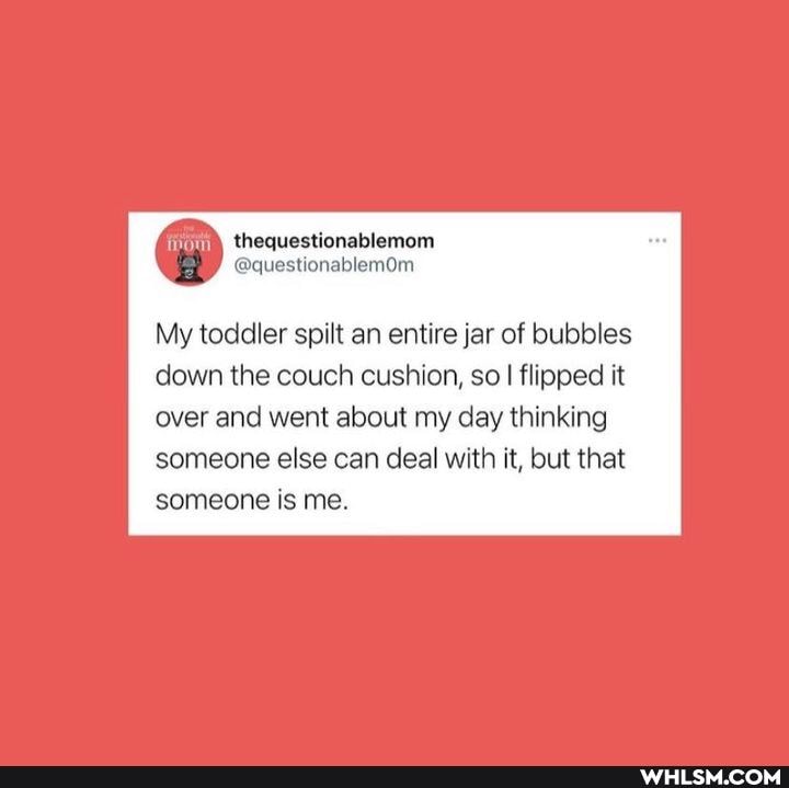 thequestionablemen
My toddler spilt an entire jar of bubbles
down the couch cushion, so I flipped it over and went about my day thinking someone else can deal with it, but that someone is me.