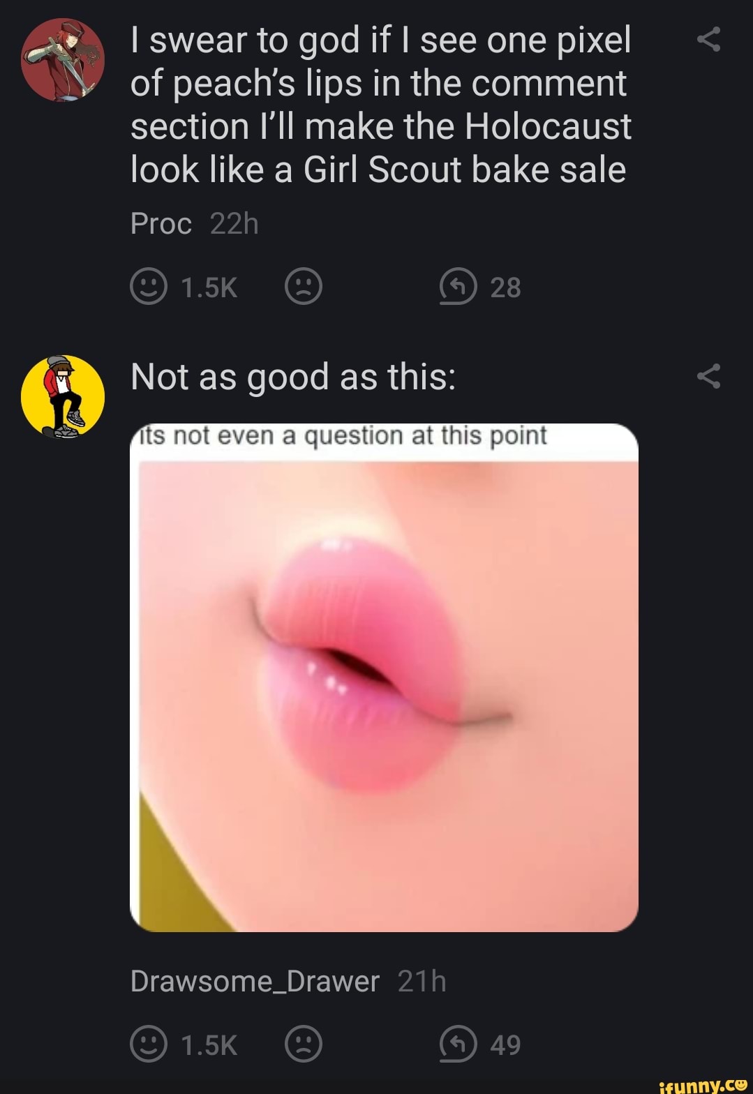 I swear to god if see one pixel of peach's lips in the comment section I'll make the Holocaust look like a Girl Scout bake sale
Proc
Not as good as this:
28
its not even a question at this point
Drawsome_Drawer
49