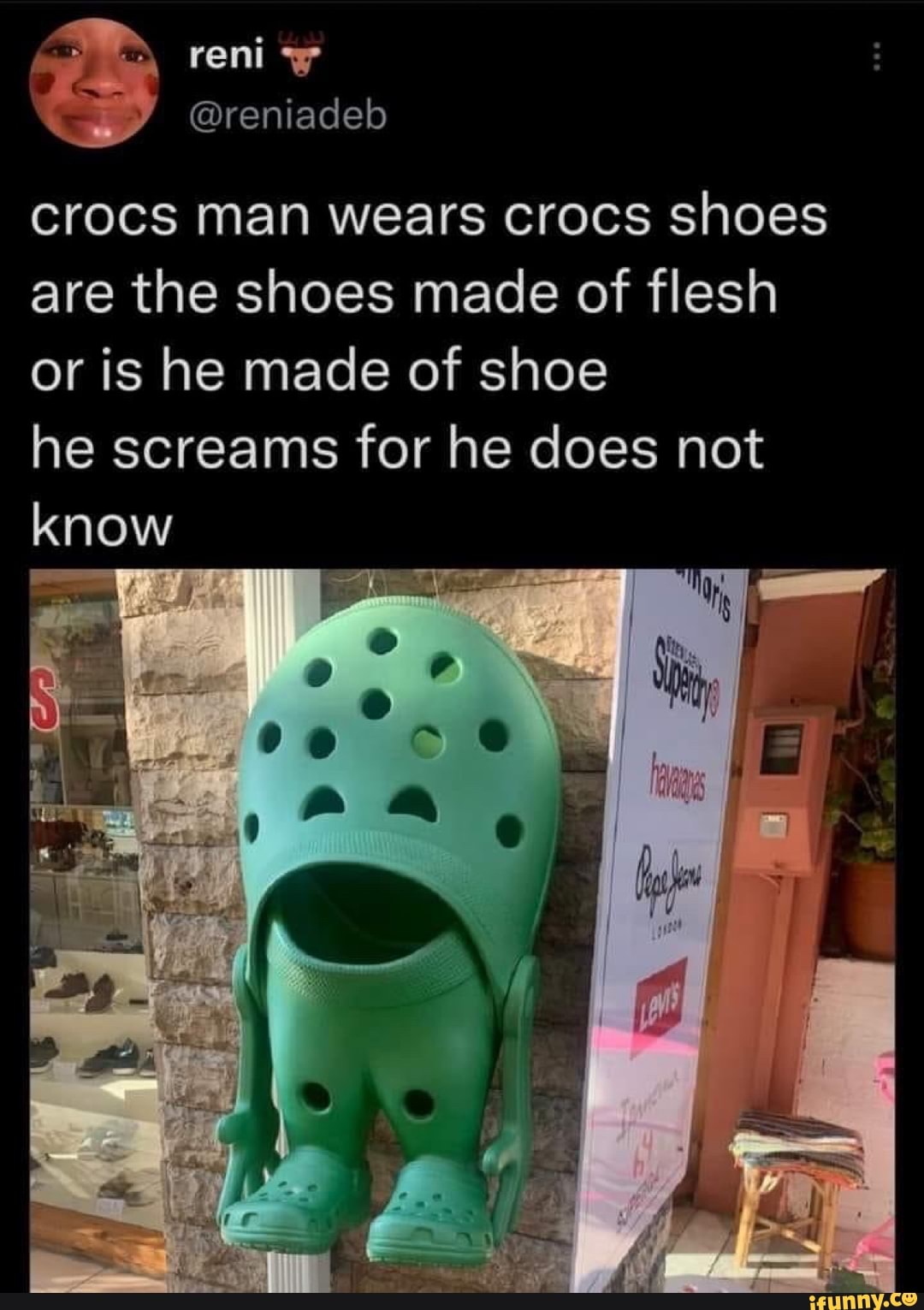 Crocs man wears crocs shoes are the shoes made of flesh or is he made ...