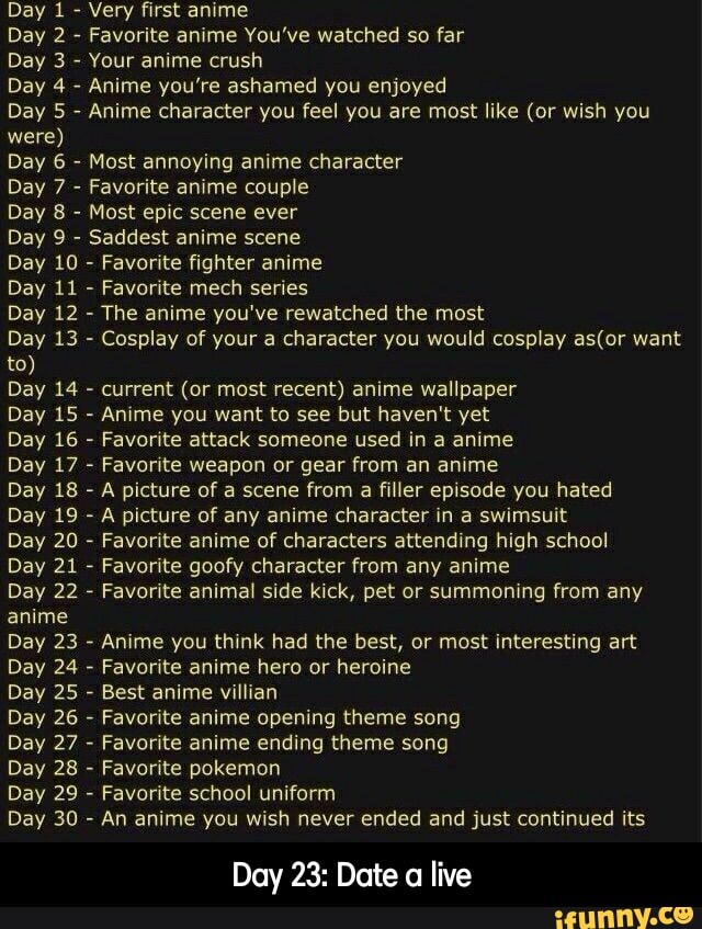 Day 1 Very first anime Day 2 Favorite anime You've watched so far Day 3