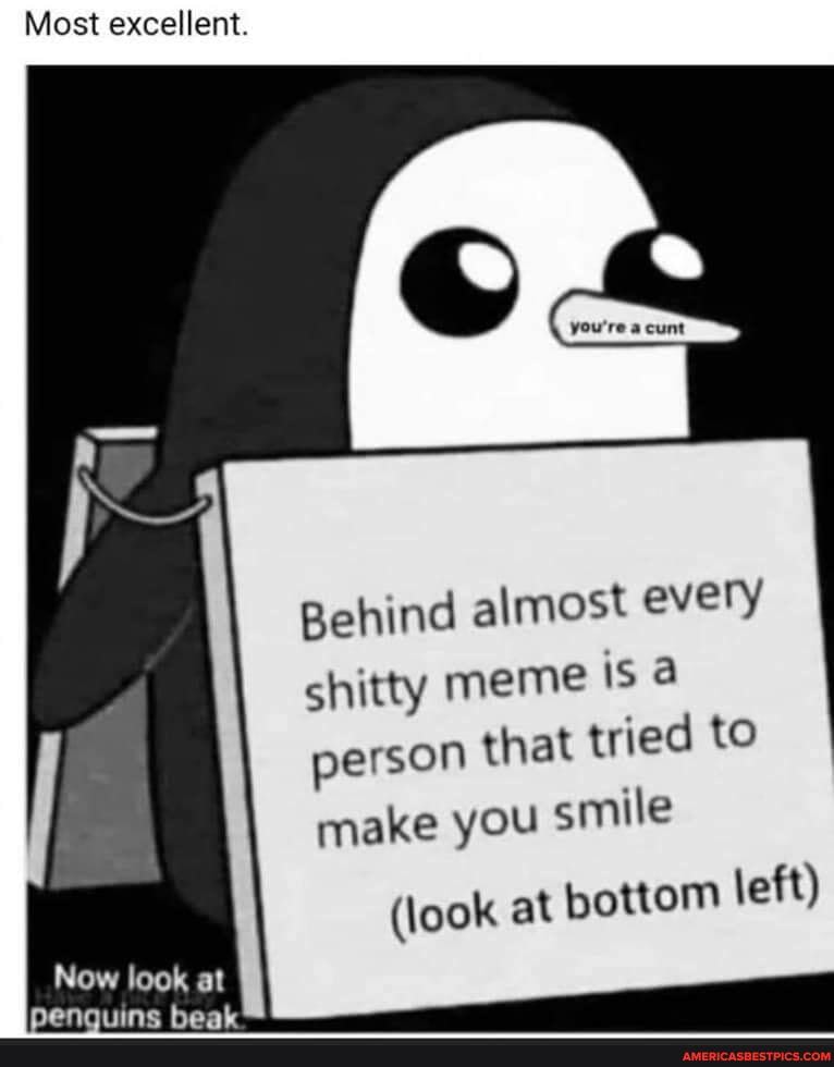 Most excellent.
Behind almost every
shitty meme is person hat tried to
person t make you smile
(look at bottom left)
Now look at
Nenniune has
