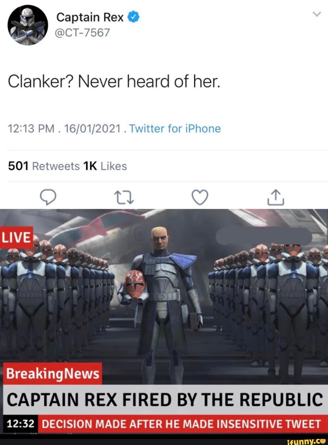 Captain Rex @ @CT-7567 Clanker? Never heard of her. PM . . Twitter for ...