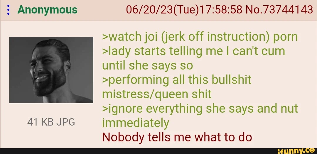 Anonymous 41 KB JPG No.73744143 >watch joi (jerk off instruction) porn  >lady starts telling me