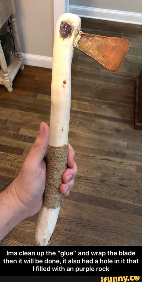 Ima clean up the "glue" and wrap the blade
then it will be done, it also had a hole in it that
I filled with an purple rock - Ima clean up the “glue” and wrap the blade then it will be done, it also had a hole in it that I filled with an purple rock