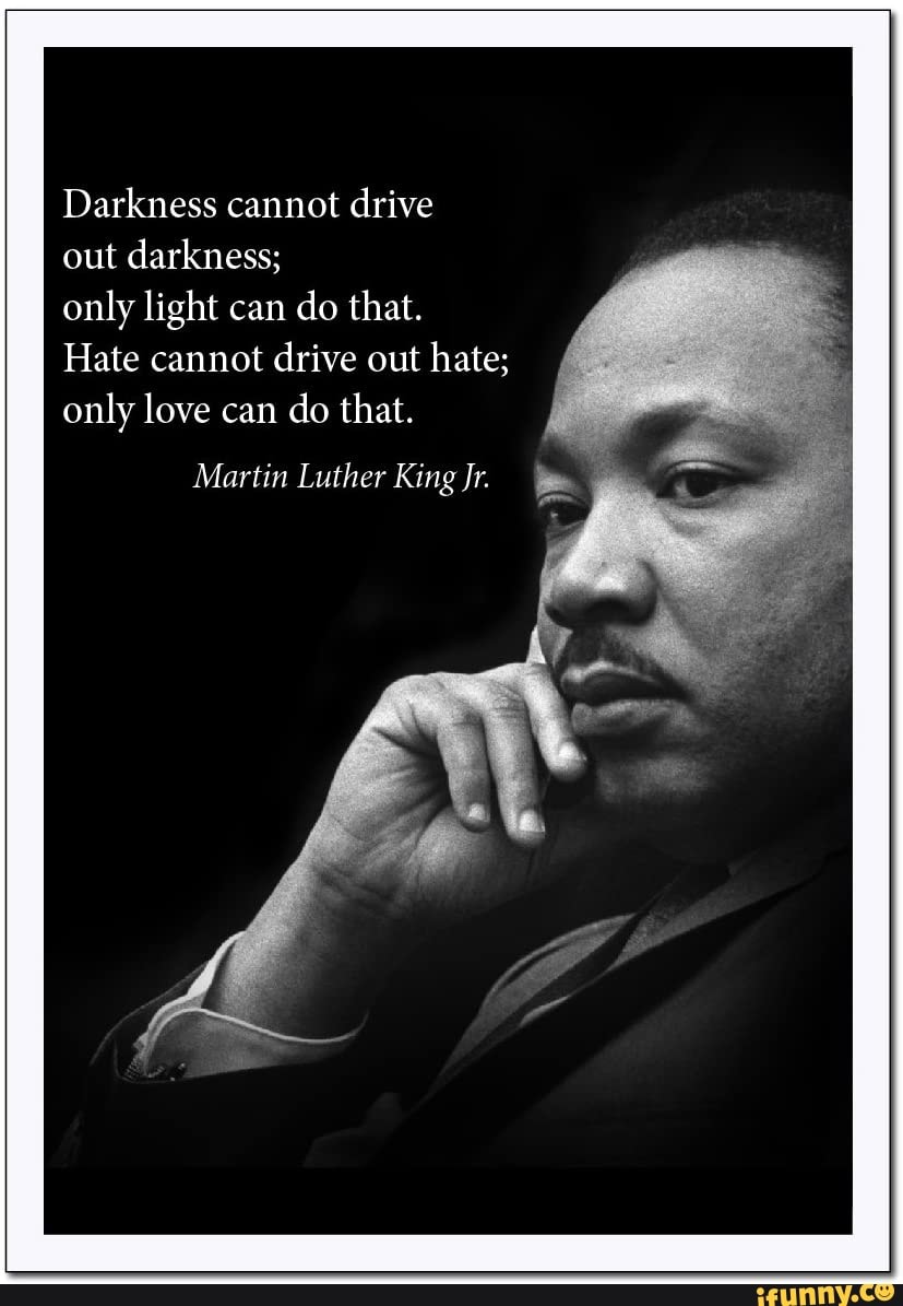 Darkness cannot drive
out darkness;
only light can do that.
Hate cannot drive out hate; only love can do that.
Martin Luther King Jr.
