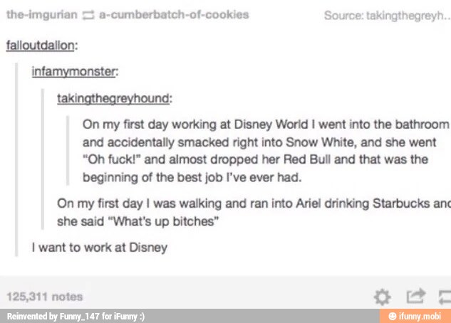the-imgurian 7 a-cumberbatch-of-cookies Source: takingthegreyh.
falloutdalion:
On my first day working at Disney Worid I went into the bathroom
and accidentally smacked right into Snow White, and she went
"Oh fuck!" and almost dropped her Red Bull and that was the
beginning of the best job I've ever had.
On my first day I was walking and ran into Ariel drinking Starbucks anc
she said "What's up bitches"