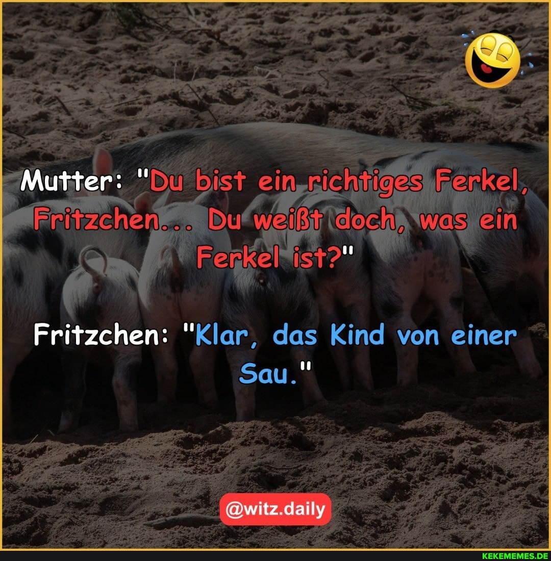 bist ein-richiiges Ferkel
doch, was ein
Mutter: "Du
ist?"
Frirzchen: "Klar, das Kind von einer
Sau."
awitz.daly