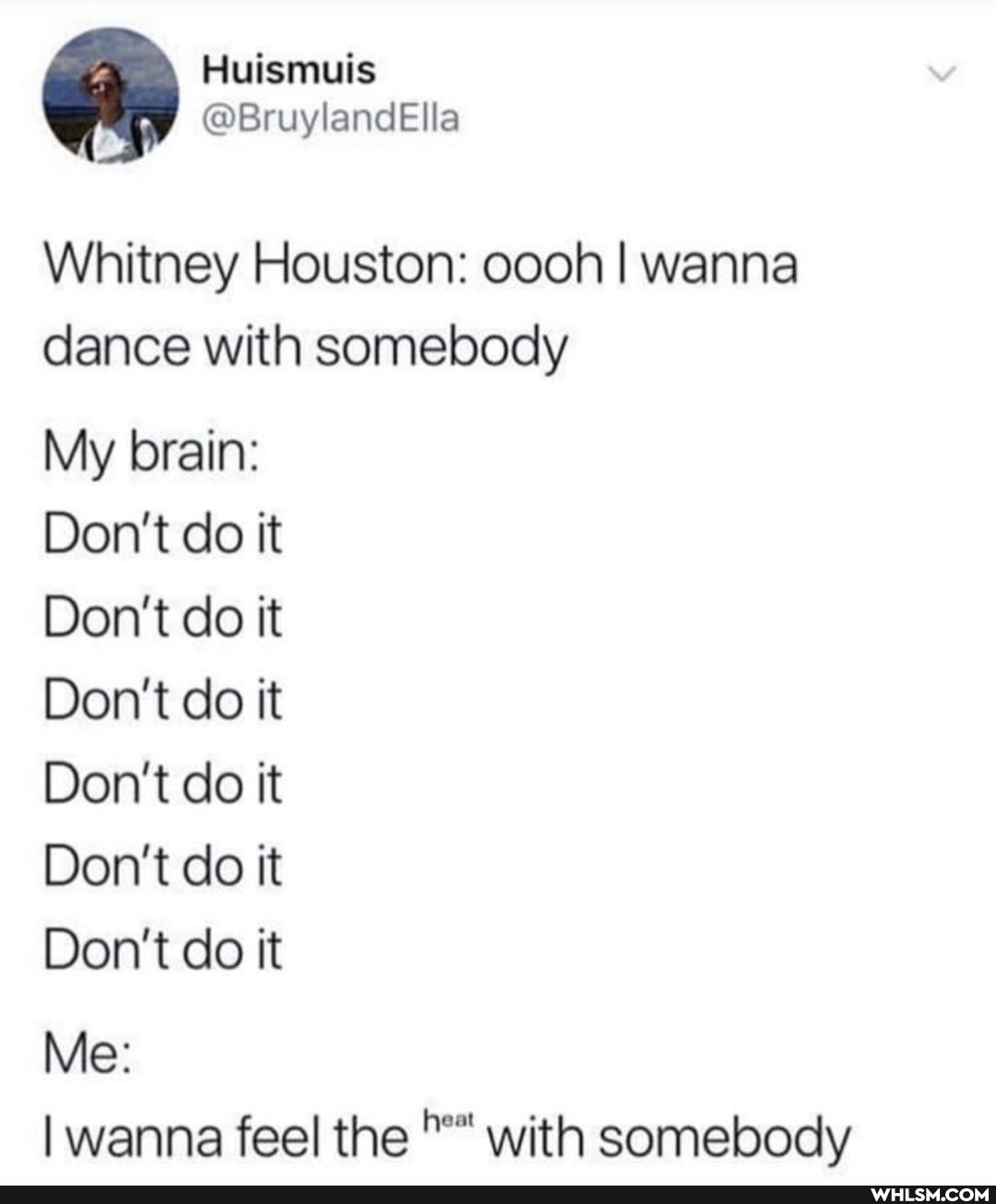 Huismuis
@BruylandElla
Whitney Houston: oooh I wanna dance with somebody
My brain:
Don't do it
Don't do it
Don't do it
Don't do it
Don't do it
Don't do it
Me:
I wanna feel the with somebody