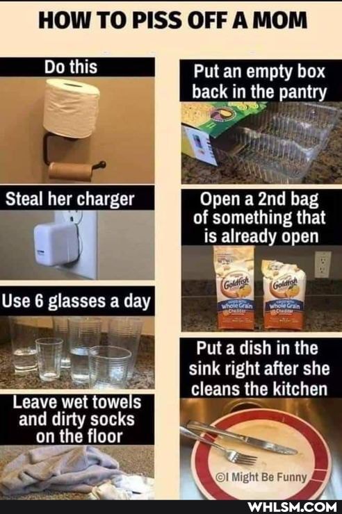 HOW TO PISS OFF AMOM
Do this
Steal her charger
Use glasses day
Leave wet towels and dirty socks
__on the floor
Put an empty box
in
the
Open a bag of something that is already open
Put a dish in the sink right after she
Cleans the kitchen
Might Be Funny