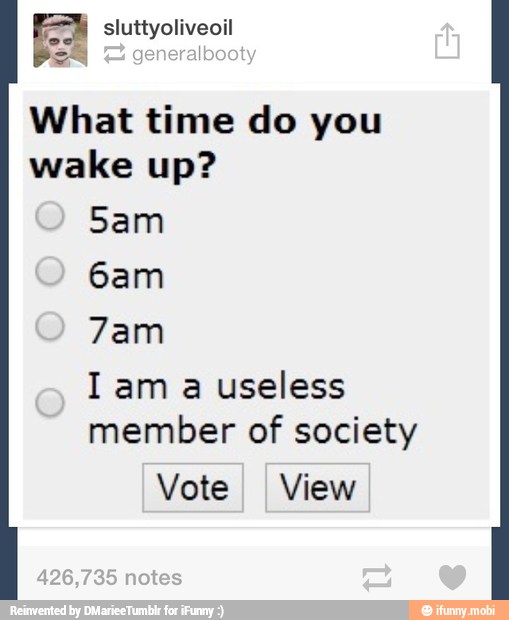 a
sluttyoliveoil
What time do you
wake up?
Sam
I am a useless
member of society
Vote View