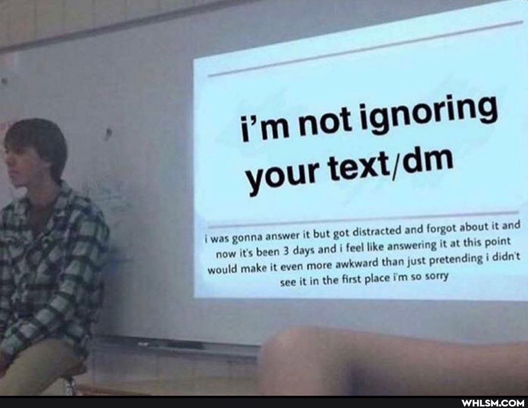 not ignoring
your
was gonna answer it but got distracted and forgot about it and now was it's been gonna 3 days answer and i feel like answering just it at this pretending point didn't would make it even more awkward than just pretending i didn't see it in the first place i'm so sorry
was gonna answer