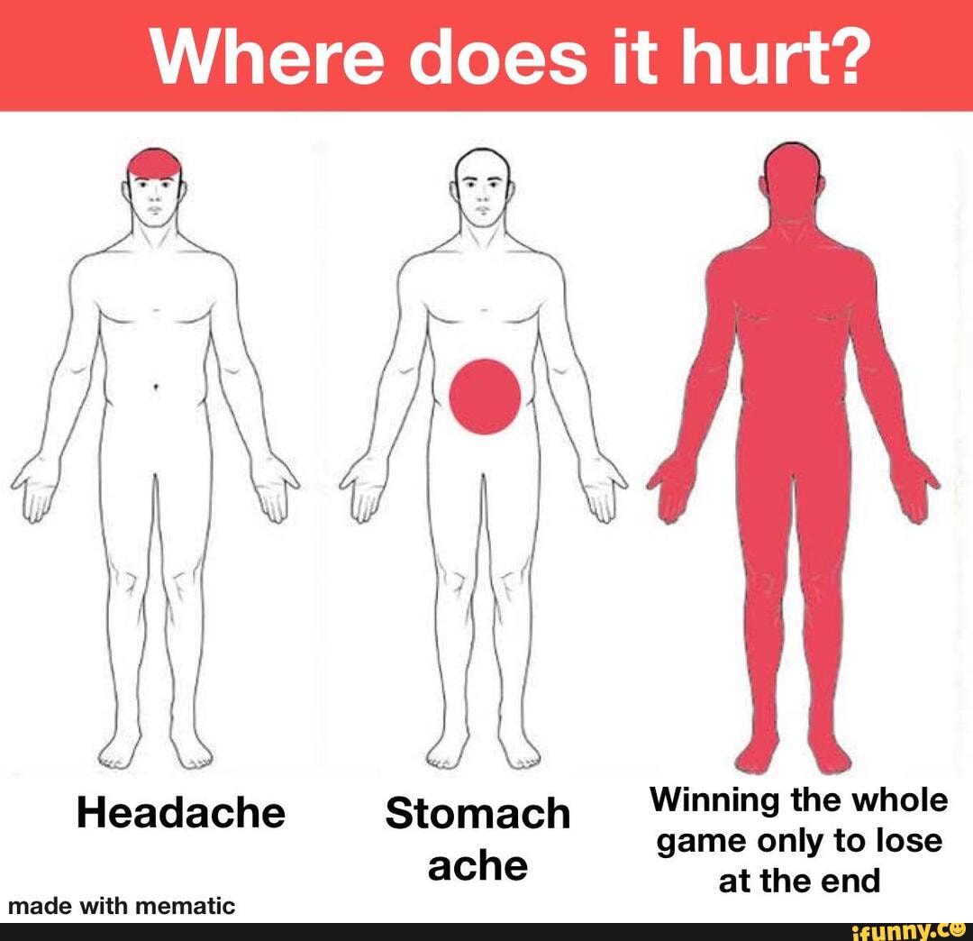 Where does it hurt?
Headache Stomach Winning the whole game only to lose
ache at the end